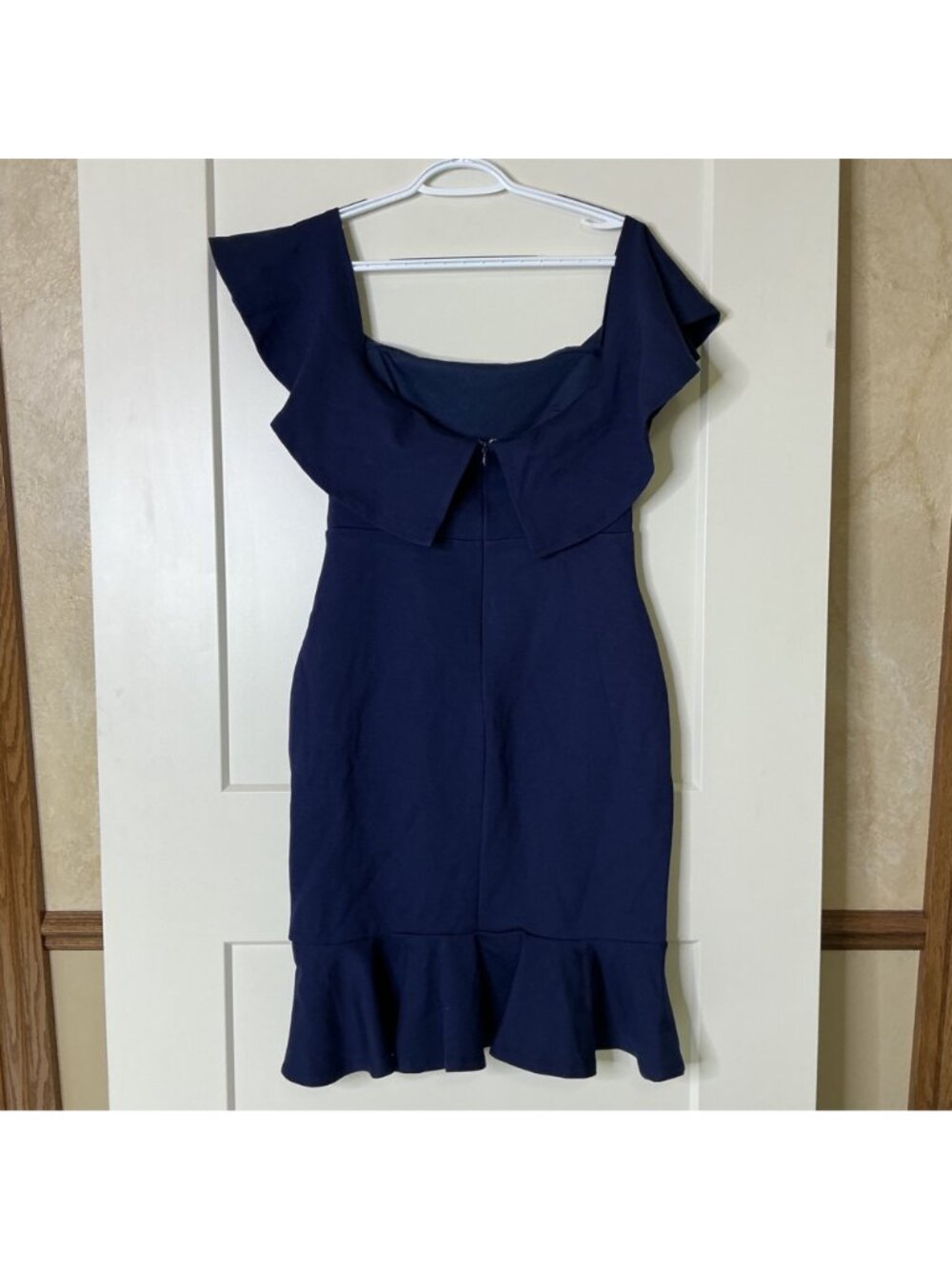 NWT Lulus Navy Blue Ruffle Hem Off-Shoulder Knee Length Cocktail Dress Womens M - Picture 4 of 10
